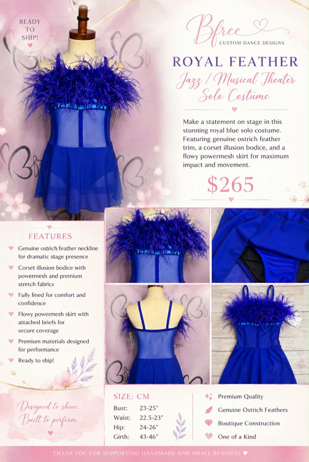 Royal Blue Feather Jazz Musical Theater Costume Size CM