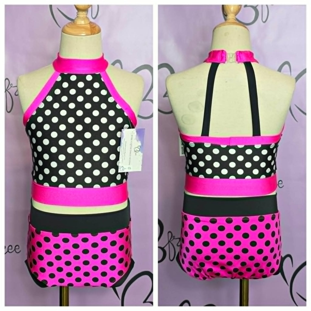 Custom Black, Pink and White Polka Dot Dance Outfit Size CL